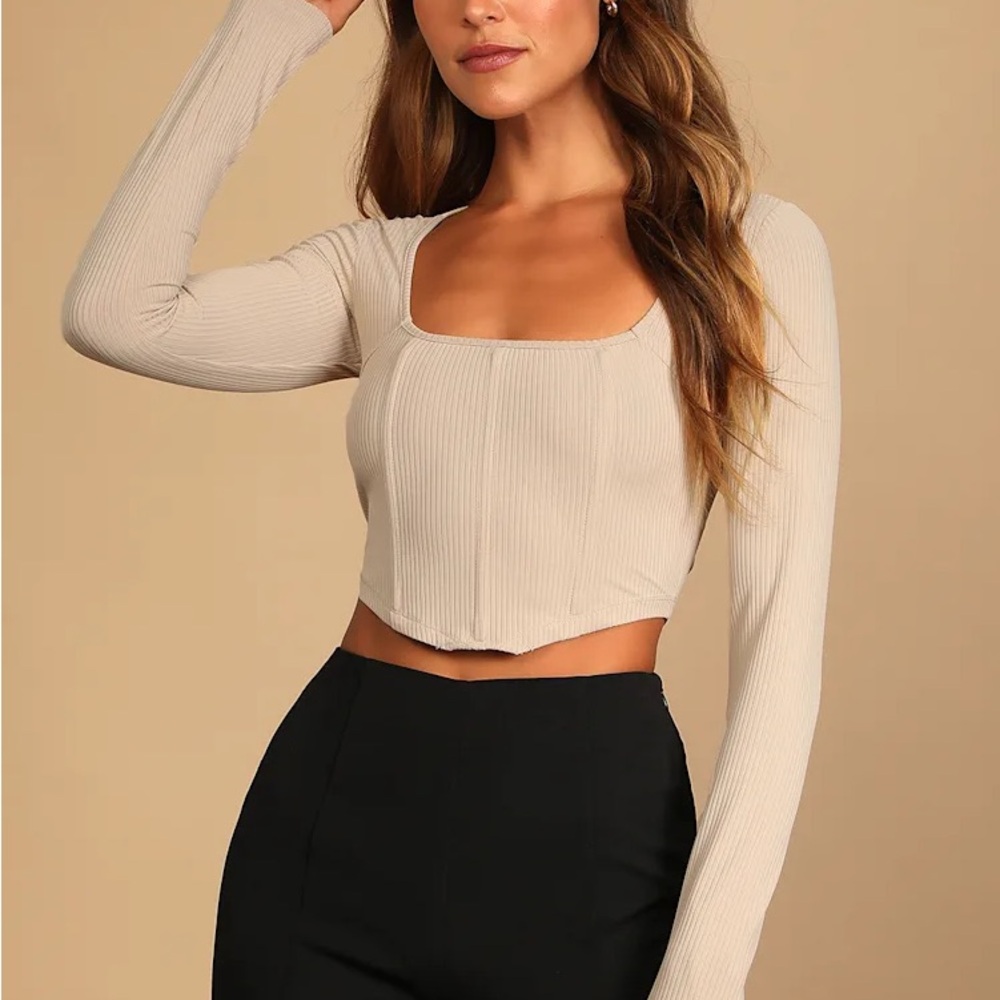 Lulus Cream Ribbed Long Sleeve Women's Bustier Crop Top Size Large Club‎ Dance